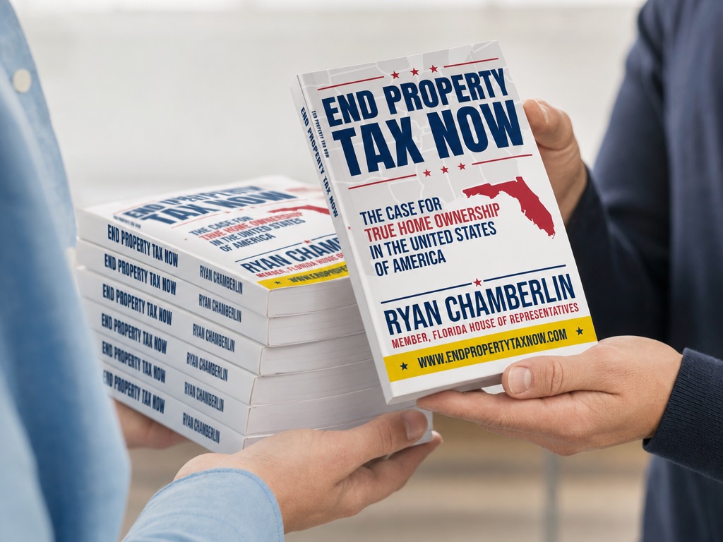 A small stack of End Property Tax Now books being handed to a supporter