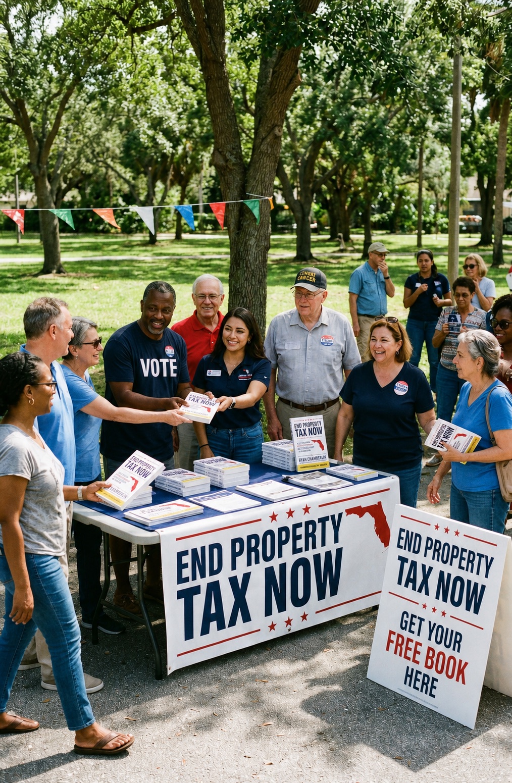 A community event table with End Property Tax Now books and signs