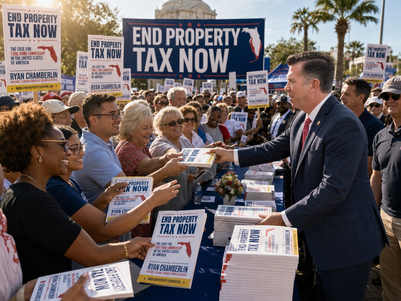 Ryan Chamberlin distributing End Property Tax Now books at a large public event