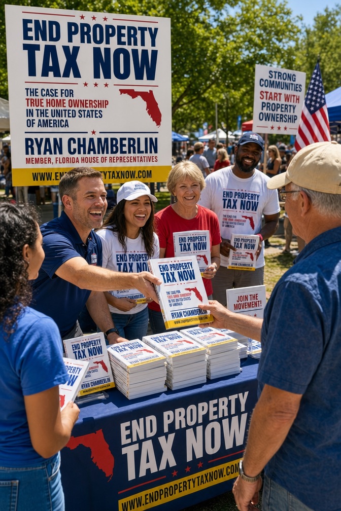 End Property Tax Now volunteers sharing books with people at an outdoor event
